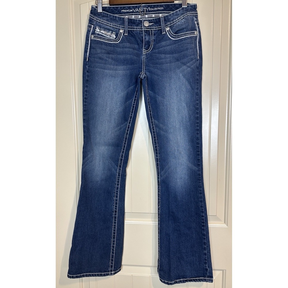 Vanity Blue Low-Rise Bootcut Curvy Jeans 28W 32L‎ Y2K Silver Pocket Vintage Glam